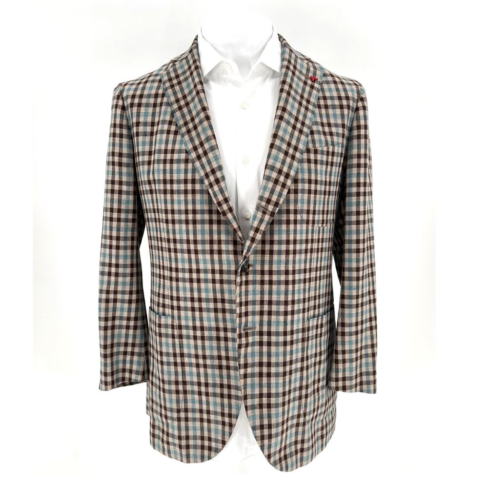 ISAIA Napoli Brown & Teal Check Wool Linen Sport Coat - Size 56IT (46US)